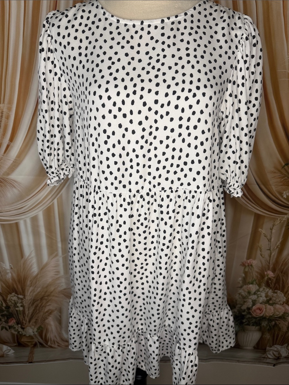 Polka Dot Puff Sleeve White Mini Dress